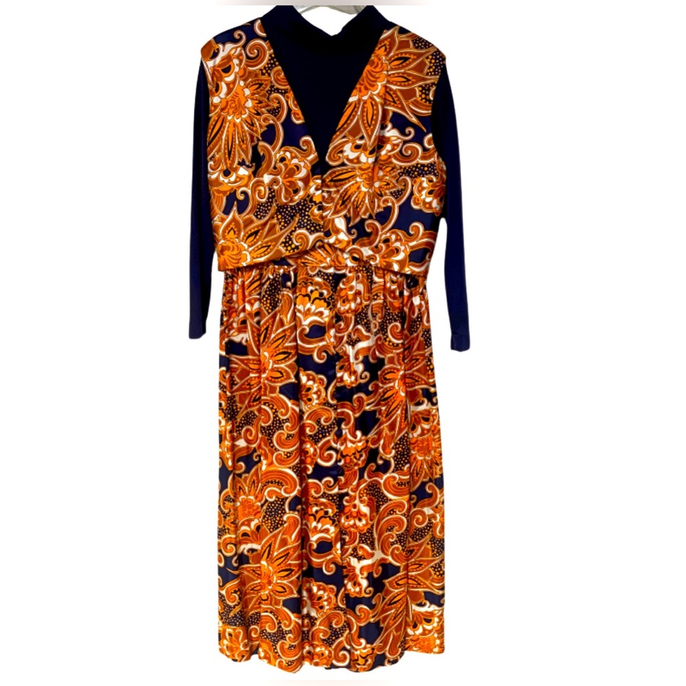 Vintage 80s Handmade Orange Navy Floral Poly Turtleneck Dress And Vest Set Sz L